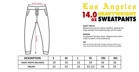 Size Chart - Los Angeles Heavyweight Sweatpants – Shakawear.com