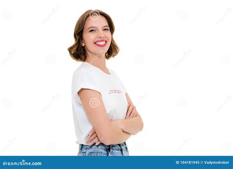Happy Pretty Caucasian Woman Standing Isolated With Arms Crossed Stock Image Image Of Brunette