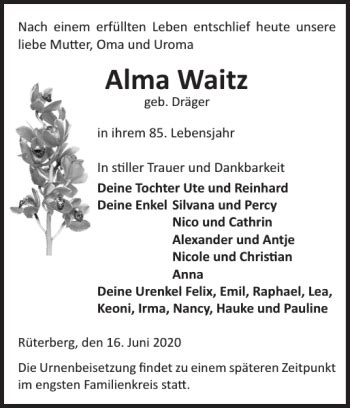 Traueranzeigen Von Alma Waitz Trauer Nordkurier