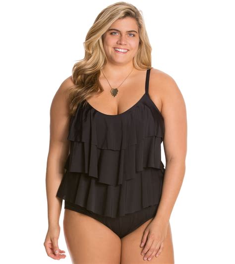 Kenneth Cole Reaction Plus Size Solid Ruffle Tiered Tankini Top At