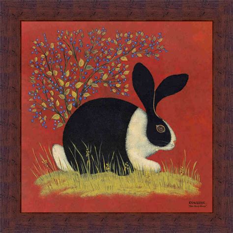 Blue Berry Bunny Country Folk Art Rabbit Print Framed Ilustraciones