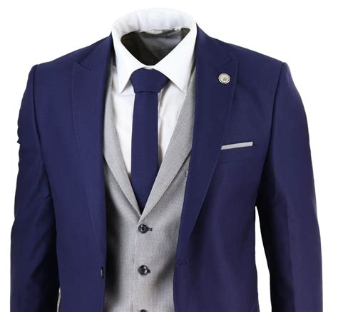 Mens Blue Piece Suit With Contrasting Grey Waistcoat Buy Online