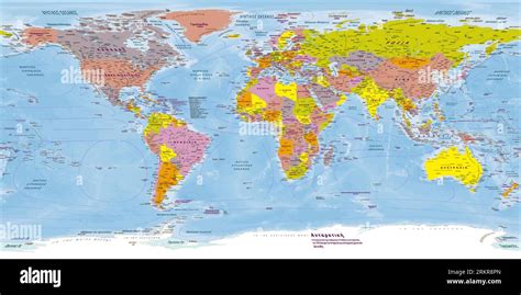 Political World Map Greek Language Equirectangular Projection Stock