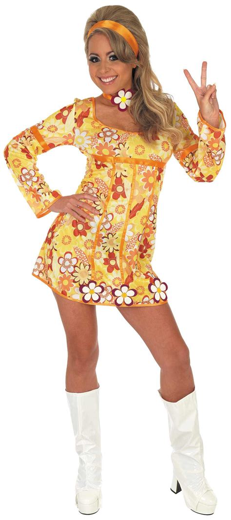 Ladies Yellow Hippie Dress Costume For 60s 70s Hippie Hippy Fancy Dress