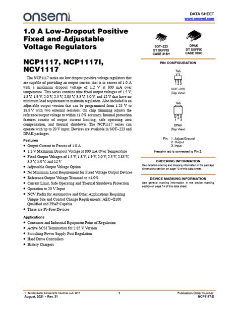 NCP1117 Datasheet 1 0A Low Dropout Positive Fixed And Adjustable