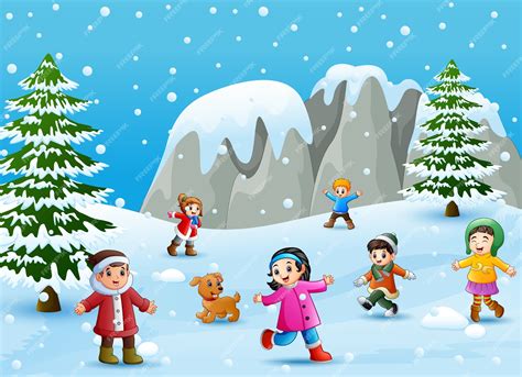 Мультфильм детей и собак, играющих в снегу | Премиум векторы