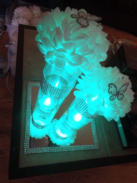 Quinceanera Centerpieces Vase With Light Tissue Poms And Butterfly