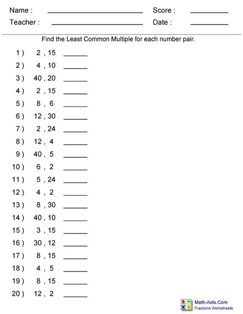 Lowest Common Multiple Worksheets