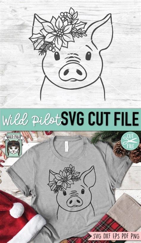 Christmas Pig Svg File Pig Poinsettia Svg Pig Cut File Pig Floral