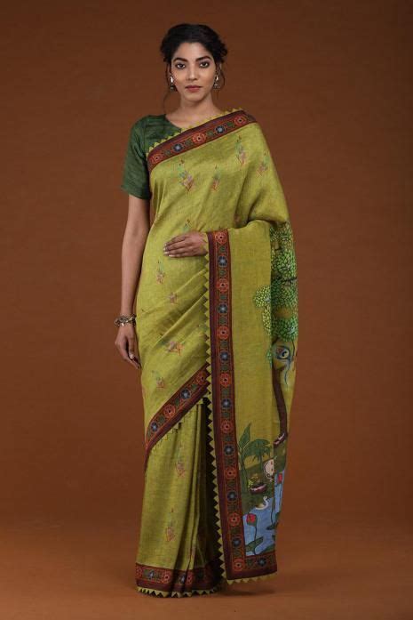 Print Pichwai Sarees Handwoven Tussar Linen In Green