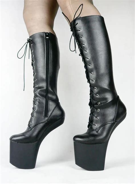 Hot Sale Extreme High Heel 20cm Hoof Heels Matt Leather Lace Up Zipper Sexy Fashion Show Knee