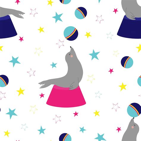 Vector Seamless Pattern With Circus Fur Seals Characters Juggling Balls