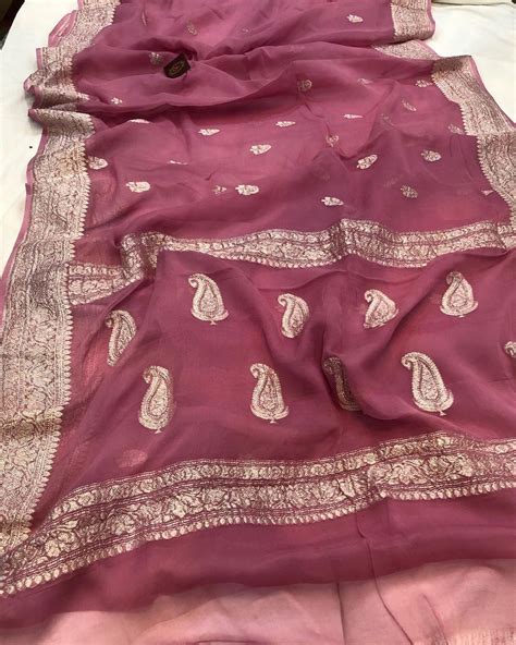 Onion Shade Khaddi Chiffon Georgette Silk Banarasi Handloom Saree By