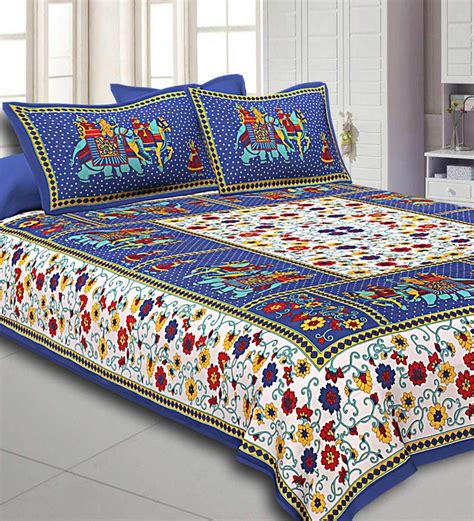 Buy Blue Traditional 300 Tc Cotton 1 Double Bedsheet With 2 Pillow