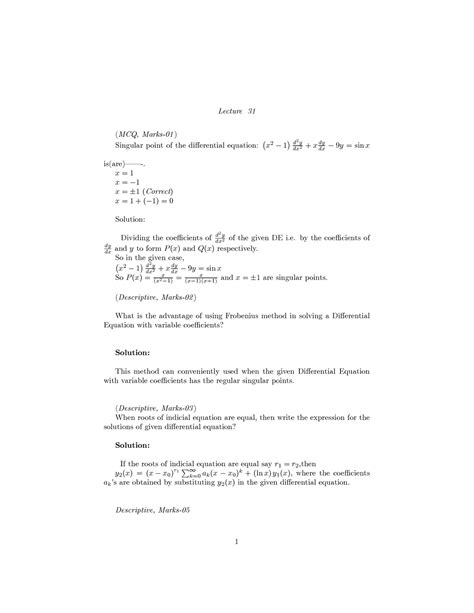 Mth 401 Practice Questions 31 Lecture 31 MCQ Marks 01 Singular