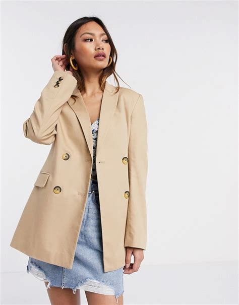 Stradivarius Double Button Linen Blazer In Beige Asos Linen Blazer