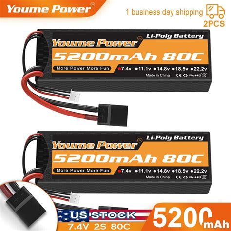 2pcs Youme 7 4V 5200mAh 2S 80C TR LiPo Battery For RC Car Truck Buggy