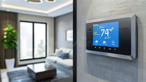 A Sleek Modern Smart Thermostat Is Mounted On The Wall Of A Living