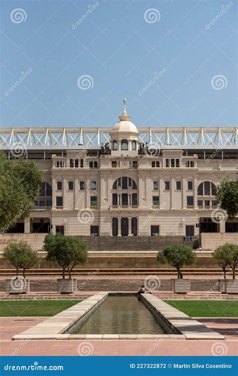 Montjuic Olympic Stadium, Built in 1927. Clock Above Empty Tribunes on ...