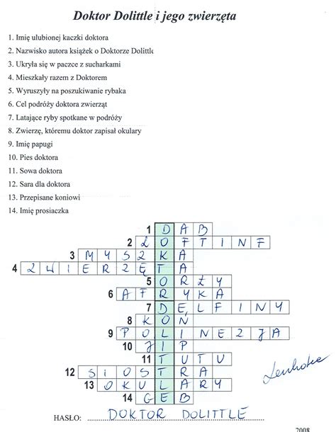 rozwiąż krzyżówkę o doktorze dolittle 1 imię ulubionej kaczki doktora