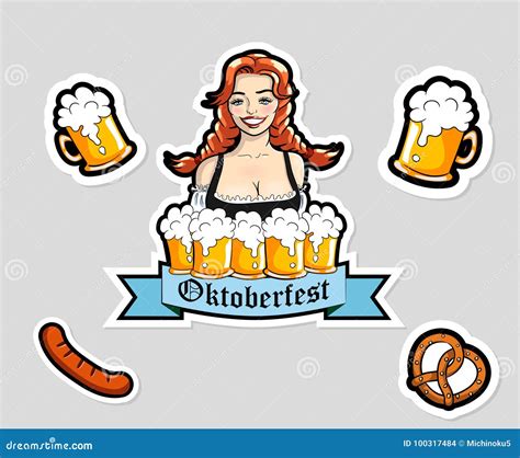 Vector Illustration of Waitress with Mugs of Beer. Oktoberfest Stickers, Logo. Stock Vector ...