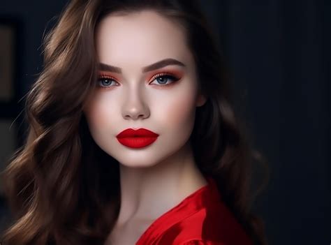 Una mujer con labios rojos y lápiz labial rojo Foto Premium