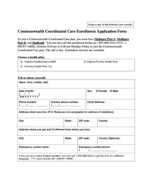 Fillable Online Commonwealth Coordinated Care Enrollment Application