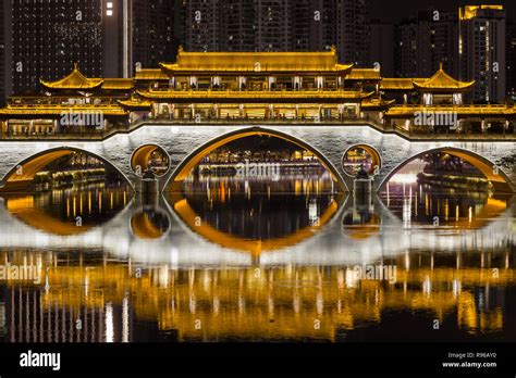 Chengdu Anshun Bridge At Night Reflecting In The Jinjiang River Dark