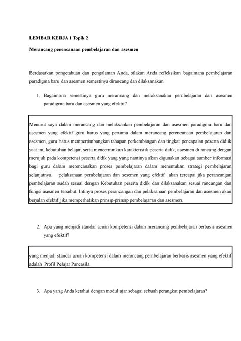 Lembar Kerja 1 Topik 2 Tugas Lembar Kerja 1 Topik 2 Merancang Perencanaan Pembelajaran Dan