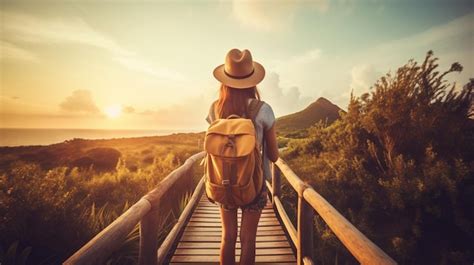 Premium AI Image A Woman With A Backpack Is Walking On A Bridge