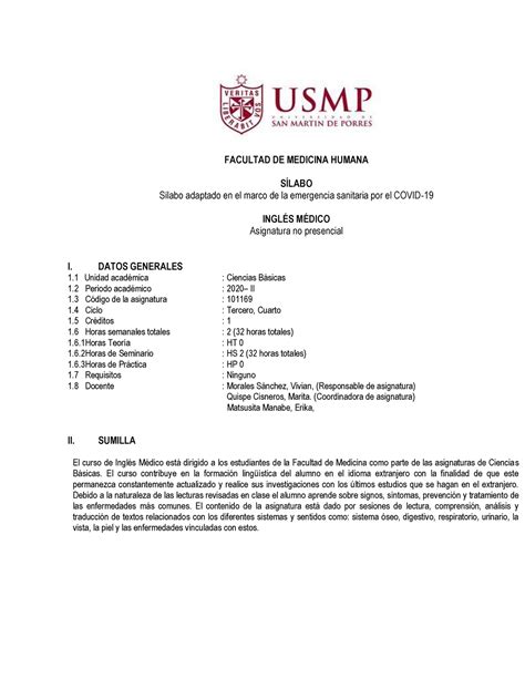 Silabo Ingles Medico 2020 II No Presencial FACULTAD DE MEDICINA