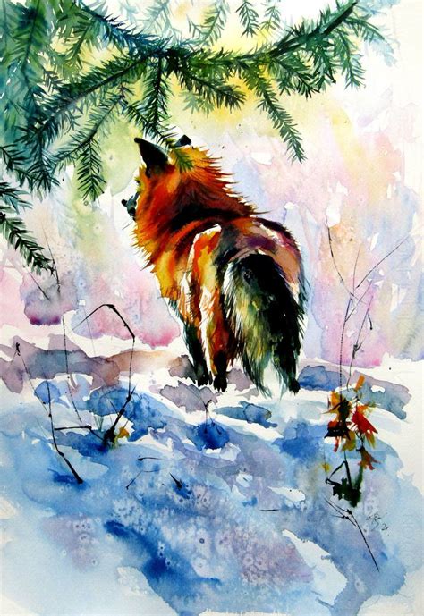 Red Fox Watching Wintertime Painting By Kovacs Anna Brigitta Saatchi Art