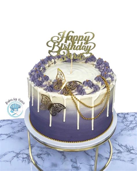 Purple Ombré Cake With Golden Butterflys And Pearls Cake Drip