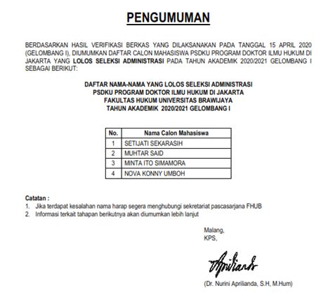 Pengumuman Hasil Seleksi Administrasi Program Doktor Ilmu Hukum Jakarta Fakultas Hukum