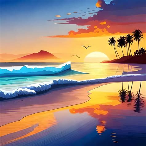 Beach Sunset Painting With Palm Trees