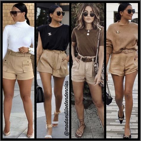 Looks Shorts Na Cor Bege Usados Blusa Branca Preta Marrom