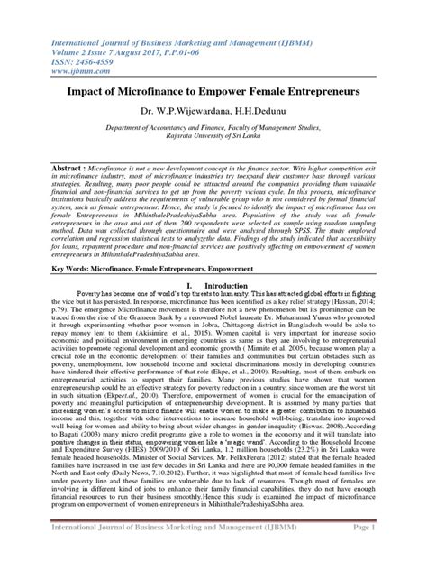 Impact Of Microfinance To Empower Female Entrepreneurs Pdf Microfinance Microcredit