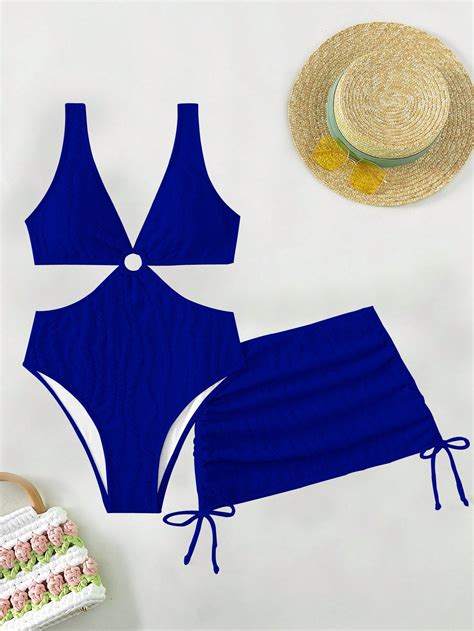 Shein Swim Sxy Cut Out Ring Linked One Piece Swimsuit With Beach Skirt