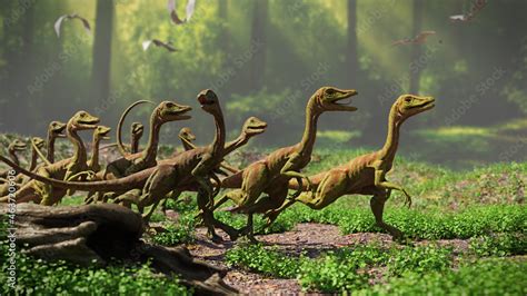 Compsognathus Longipes In The Forest Group Of Dinosaurs From The Late