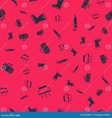 Set Bowl Of Hot Soup Waterproof Rubber Boot Pumpkin And Umbrella On Seamless Pattern Vector