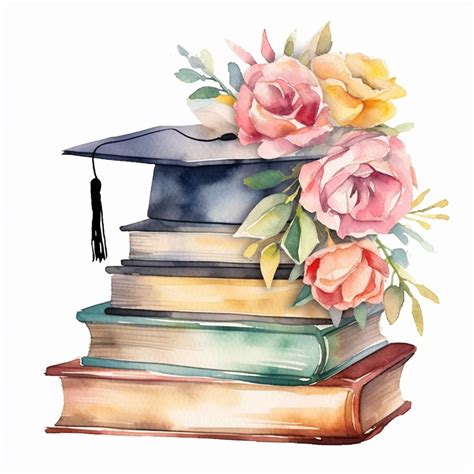 Graduation Caps On Top Of Stack Of Books With Flowers Watercolor