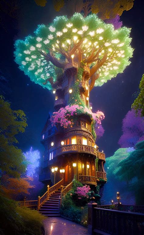 Glowing Floral Fantasy Treehouse At Night Trees Flowers Ai Digital