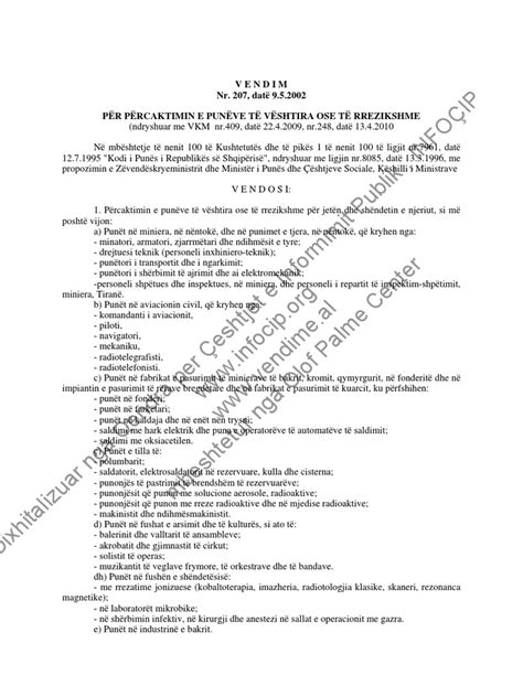 VKM 207 Date 9.5.2002 PER PERCAKTIMIN E PUNEVE TE VESHTIRA OSE TE ...