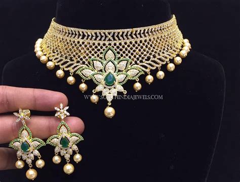 Gold Plated Choker Set With Green Stones South India Jewels