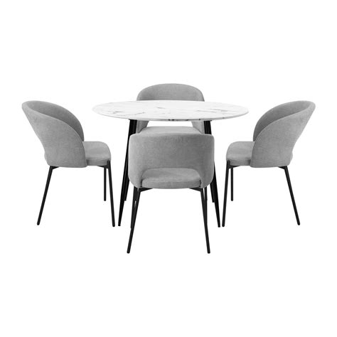 Oikiture 110cm Round Dining Table With 4pcs Dining Chairs Fabric Grey