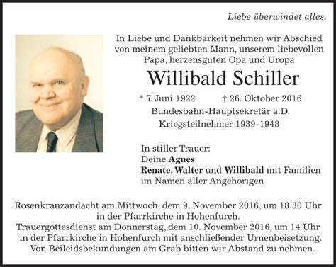 Traueranzeigen Von Willibald Schiller Trauer Merkur De