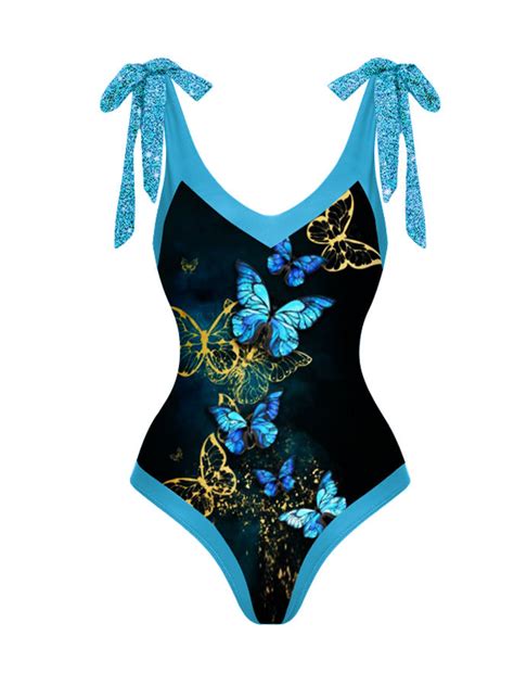 Vintage V Neck Butterfly Colorblock Print One Piece Swimsuit