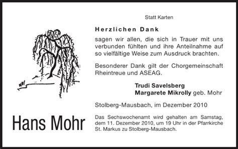 Traueranzeigen Von Hans Mohr Aachen Gedenkt