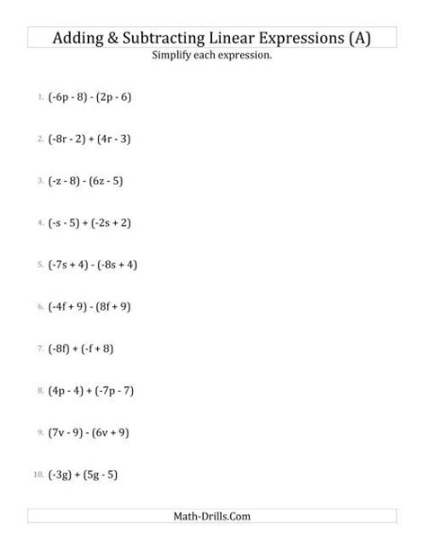 Adding And Subtracting And Simplifying Linear Expressions A Algebra