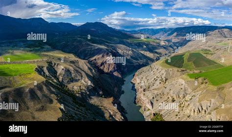 Aerial Panorama Photo Of The Fraser River Flowing In The Rugged Fraser